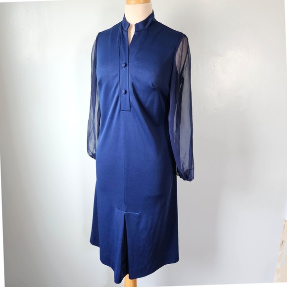 Femme of Dallas Dresses & Skirts - Vtg 1970s Femme of Dallas Royal Blue Shift Column Dress Sheer Chiffon Sleeve M
